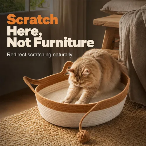 Vista 4 de Cesta tejida a mano para gatos, cesta de cuerda para gatos, marrón