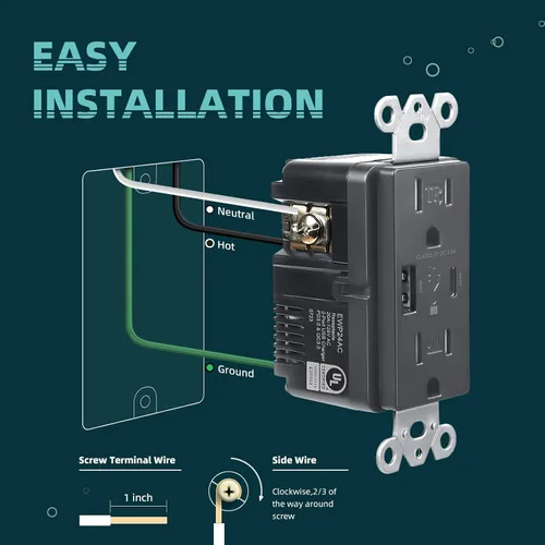 Vista 7 de TOPELER Toma de pared USB C, 30 W PD3.0 y tomas de corriente USB PPS, toma de corriente eléctrica resistente a manipulaciones de 15 amperios
