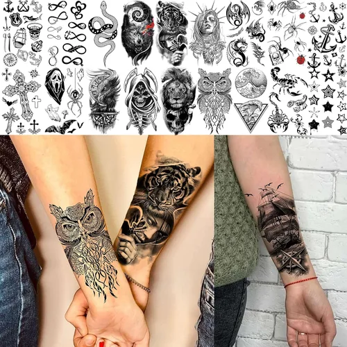 Vista 6 de 70 hojas de tatuajes temporales realistas en 3D de antebrazo, lobo, tigre, león, para hombres y mujeres, brazo del muslo, calavera aterradora