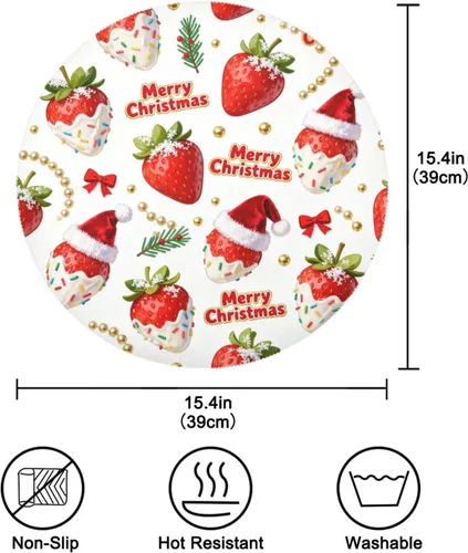 Vista 3 de Merry Christmas Red Strawberry Round Place mat Christmas Reversible Quilted placemat individuales para mesa de comedor Rose Gold 15.4x15.4in Set of 6