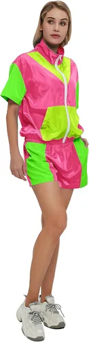 Vista 5 de Nhicdns Conjunto de 2 piezas para mujer, traje deportivo de los años 80 y 90, disfraz de fiesta de verano, chaqueta de manga corta con cremallera