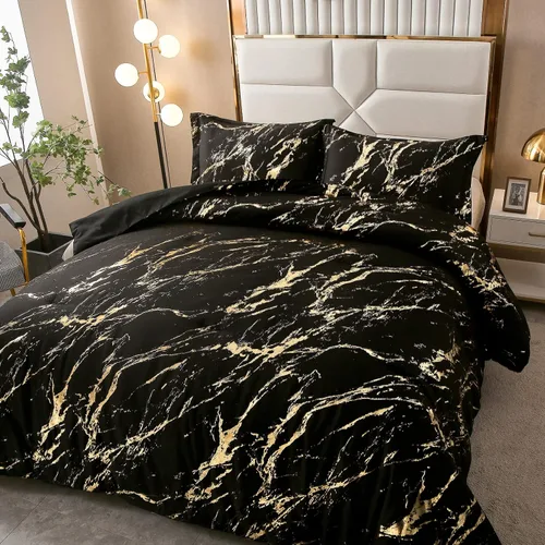 Vista 4 de WONGS BEDDING Juego de edredón de mármol metálico negro dorado Queen con estampado de lámina brillante y purpurina, juegos de ropa de cama con 2
