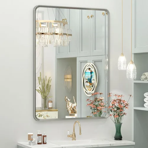 Vista 21 de OKPAL - Espejo de tocador de baño de 20x24 pulgadas con marco de metal cepillado en bronce, espejo de baño con marco de metal cepillado en bronce