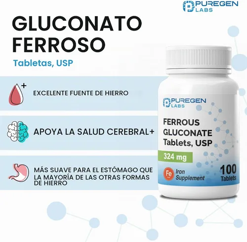 Vista 6 de Puregen Labs Gluconato Ferroso 324 mg [Alta Potencia] Suplemento de Hierro, Suave para el Estómago - 100 Tabletas