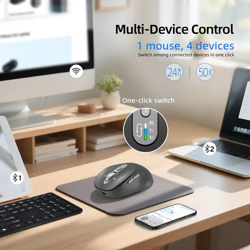 Vista 2 de Ratón Bluetooth inalámbrico, mouse Ergo para computadora multidispositivo, desplazamiento estupendo de metal de 4 vías, ± 3200 DPI, 10 botones, Plug