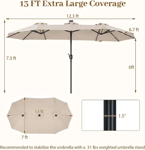 Vista 6 de Tangkula Sombrilla solar de patio de 13 pies, sombrilla de doble cara extra grande para mesa de mercado al aire libre con 36 luces LED, mango