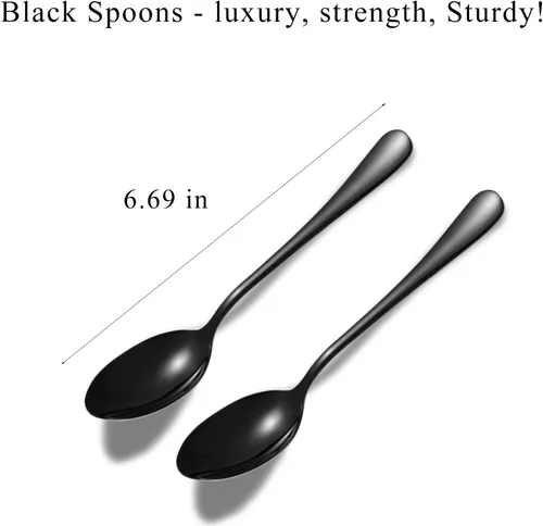Vista 6 de Cucharas negras, juego de 16 cucharas de acero inoxidable de grado alimenticio, 6.7 pulgadas, acabado espejo y aptas para lavavajillas, nuevos