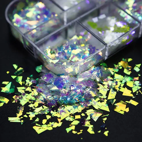 Vista 4 de Arte de uñas holográfico de sirena, lentejuelas con purpurina en polvo, piezas irregulares celofán fluorescente, piezas iridiscentes con purpurina