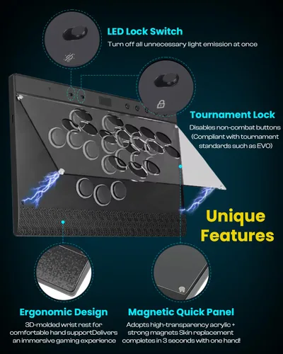 Vista 3 de Sehawei Haute42 C16 Leverless Arcade Controller - Magnetic Detachable Panel for DIY Art, RGB Button Rims, Tournament Lock Switch - Compatible with