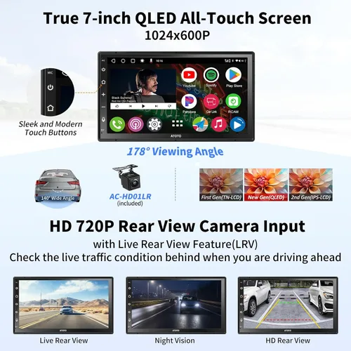 Vista 3 de ATOTO A6PF - Estéreo de auto doble DIN Android de 7 pulgadas con cámara de respaldo, Carplay inalámbrico y Android Auto inalámbrico, pantalla táctil