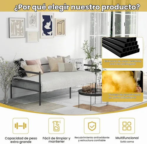 Vista 7 de KOMFOTT Marco de sofá cama de metal tamaño individual, plataforma de soporte de listones de metal resistente, sofá cama con almacenamiento,