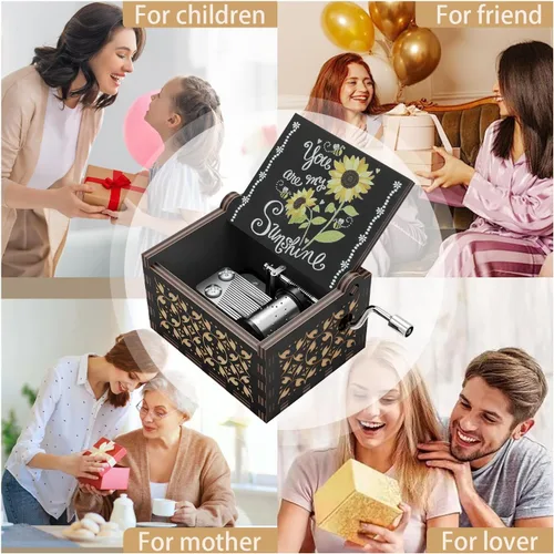 Vista 6 de Huntmic You are My Sunshine - Cajas de música de girasoles, manivela de madera grabada, caja musical antigua de regalo para niños, amigos, amantes