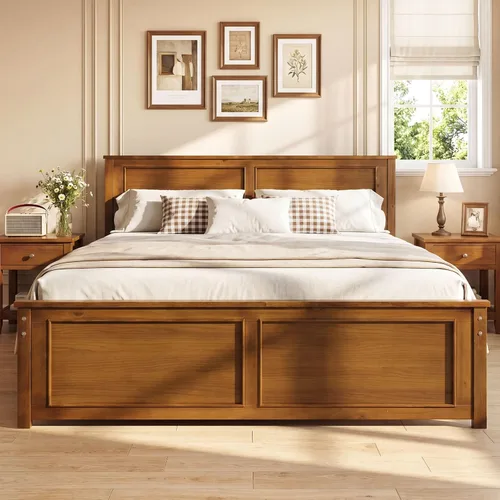 Vista 12 de Giantex Marco de cama individual con cabecero, cama de plataforma de madera maciza de mediados de siglo, cama de panel individual con soporte