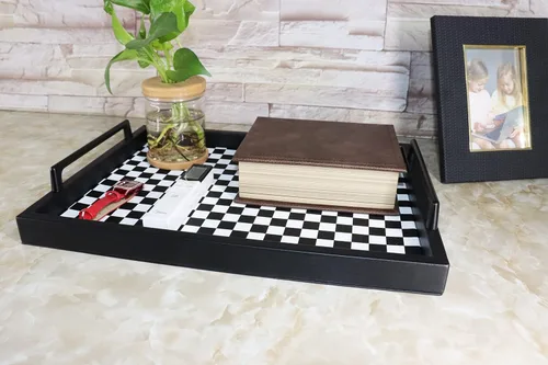 Vista 8 de MCBZ Bandeja decorativa para mesa de centro de sala de estar, bandeja de servicio de alimentos, bandeja otomana de cuero, con asas de metal de 16.5