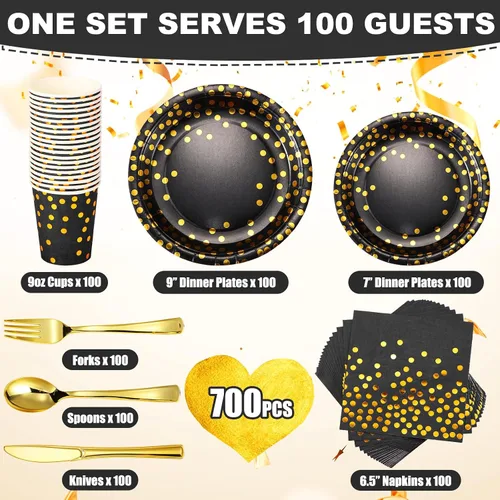 Vista 2 de 700 piezas de suministros de fiesta negros y dorados, juegos de vajilla desechables para 100 invitados, platos de papel negro y dorado, servilletas