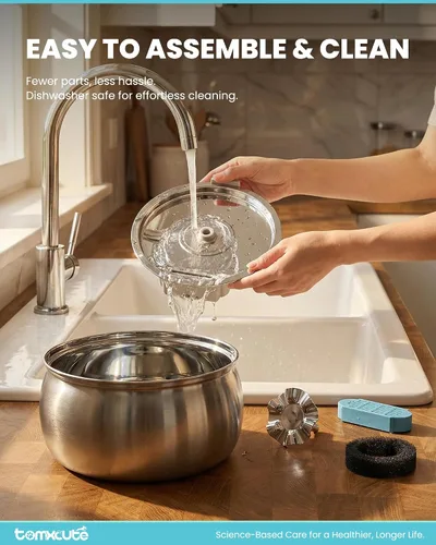Vista 4 de Tomxcute Fuente de agua para gatos de acero inoxidable, fuente para gatos Plateado