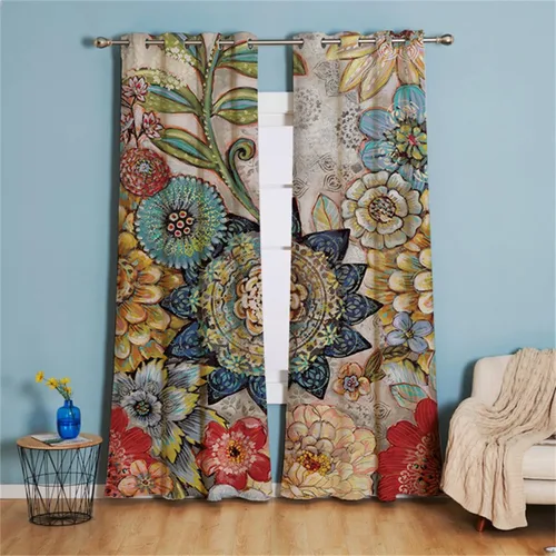 Vista 6 de Koudi Cortinas opacas con diseño de pájaros y flores, cortinas de oscurecimiento con ojales, paneles de cortina con aislamiento térmico