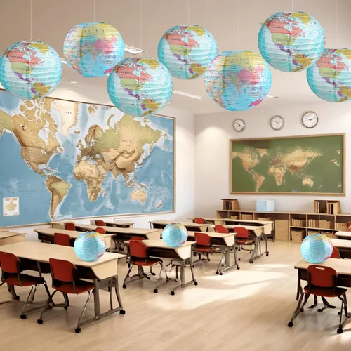 Vista 5 de 10 linternas de papel con mapa del mundo, 10 pulgadas, globos de papel, linternas de mapa, decoración de aula, mapa de viaje, linterna de papel