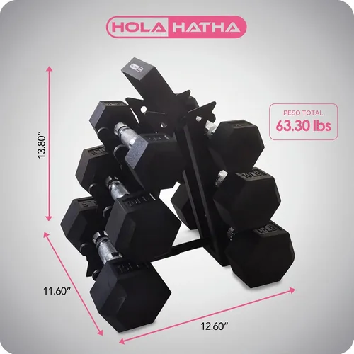 Vista 3 de HolaHatha Hexagonal Dumbbell Free Hand Weight Set w/Rack Negro