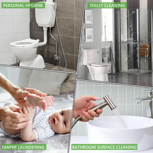 Vista 6 de Aerosol multifuncional para bidé de mano, ducha de pañales de baño, manguera y accesorios, rociador de inodoro de mano con doble función