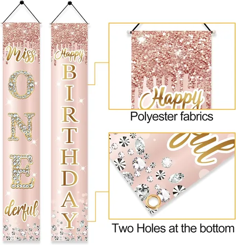 Vista 6 de Miss Onederful - Cartel de feliz cumpleaños para puerta y letrero de porche para niñas bebés, suministros de fiesta de primer cumpleaños, decoración