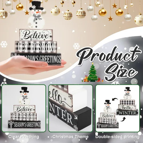 Vista 2 de 4 piezas de decoración de Navidad para interiores de madera con muñeco de nieve para decoración de mesa de centros de mesa de Navidad Feliz Navidad