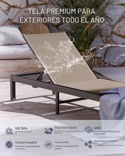 Vista 4 de Tumbona de aluminio para patio al aire libre con ruedas, color Caqui