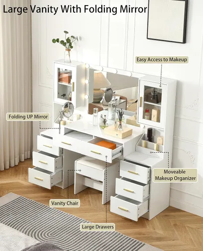 Vista 5 de FOREST GRAVITY Tocador grande de 58.3 pulgadas con espejo plegable y luces, escritorio de maquillaje con espejo y luces, tomacorriente, silla y dos