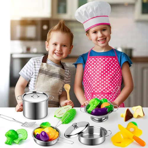Vista 7 de Juboury Juego de juguetes de cocina con utensilios de cocina de acero inoxidable, utensilios de cocina, delantal y sombrero de chef, cortar verduras