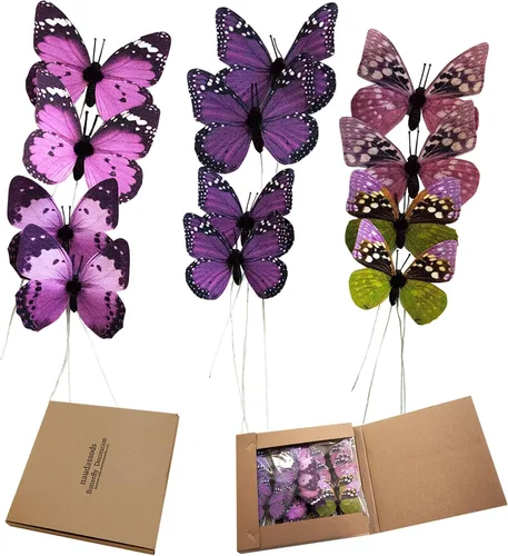Vista 21 de Paquete de 12 decoraciones de mariposa, decoración de estacas de mariposa 3D, 2 tamaños de adorno de mariposa para el hogar, flores falsas
