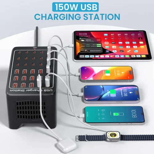 Vista 2 de Estación de carga USB C para múltiples dispositivos, bloque de cargador de 150 W y 30 puertos para teléfono celular iPad, múltiples regletas