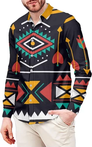 Vista 18 de Camisas aztecas con botones para hombre, vintage, nativo americano, patrón tribal nación, manga larga, camisa de talla grande para hombre