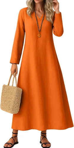 Vista 7 de Vestido de lino de algodón para mujer, de manga larga, holgado, ligero, básico, con cuello en V, vestido largo y modesto
