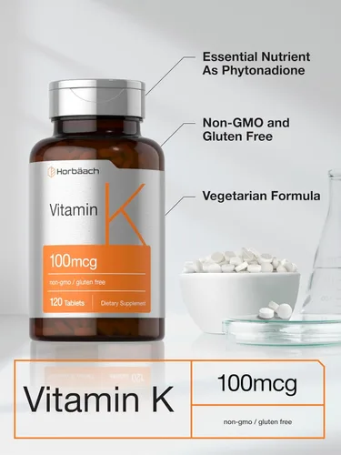Vista 4 de Horbäach Suplemento de vitamina K 100mcg 120 tabletas Suplemento vegetariano, sin OMG y sin gluten