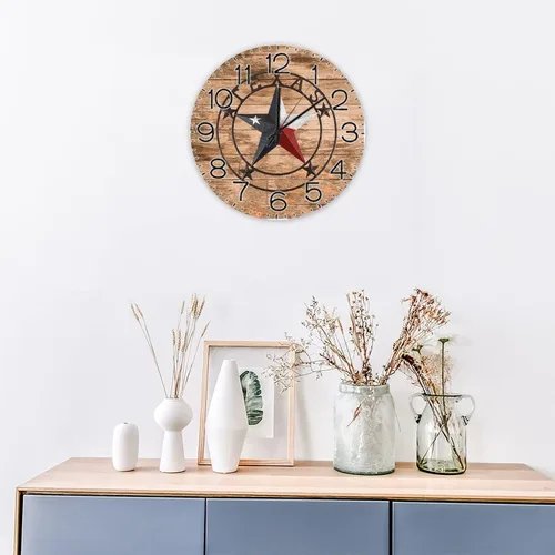 Vista 4 de Reloj digital de madera de estilo vintage, con diseño de estrella de Texas, funciona con pilas, para dormitorio, sala de estar, reloj de pared