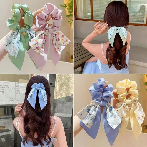 Vista 2 de 5 unidades de bufandas florales para el cabello, cintas para el cabello, bandas de mano, cuerdas elásticas, soporte para cola de caballo impresa