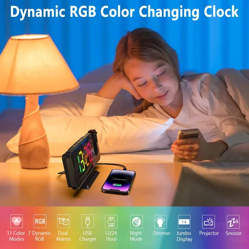 Vista 4 de Reloj despertador de proyección para techo de dormitorio, proyector giratorio de 180°, espejo RGB de 7.4 pulgadas, pantalla digital LED, alarma dual