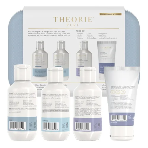 Vista 7 de THEORIE PURE - Juego de artículos de tocador de tamaño viaje, champú hipoalergénico, acondicionador, gel de baño y exfoliante corporal, sin