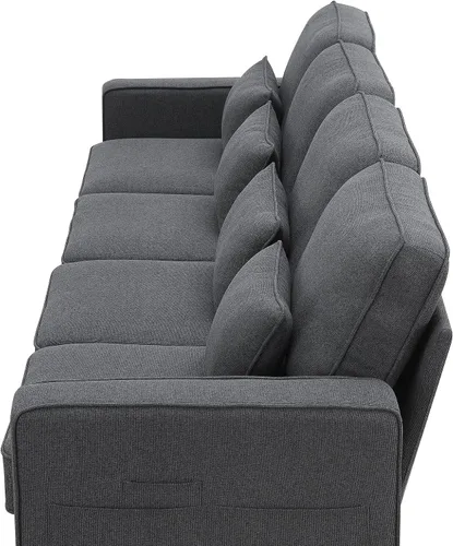 Vista 7 de Quarte Sofá modular moderno de 4 plazas con bolsillos para reposabrazos y 4 almohadas, sofá minimalista de tela de lino para sala de estar Gris