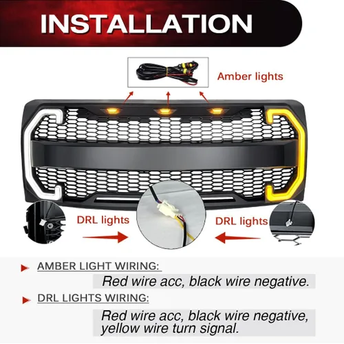 Vista 5 de EOMD Parrilla frontal compatible con F150 2009-2014 con DRL y luces de señal de giro, color negro mate