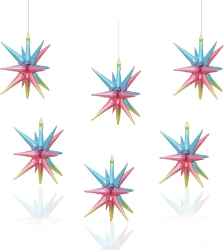 Vista 17 de 6 Globos de Papel de Aluminio con Forma de Estrella Negra de Una Pieza, Globo de Estrella de 14 Puntas 4D Cono Starburst de Mylar de 22 Pulgadas 22