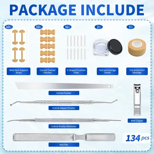 Vista 2 de Kit de cuidado de uñas encarnadas con tiras flexibles (134 piezas), kit de herramientas profesional para uñas de los pies incluye bandas
