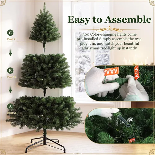 Vista 7 de Árbol de Navidad artificial preiluminado con control remoto, 6 pies Luces verdes y de cambio