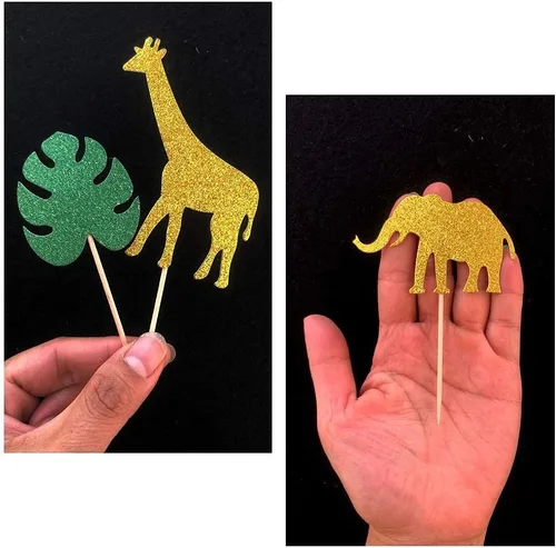 Vista 5 de ALISSAR Paquete de 40 adornos para cupcakes de animales de la selva con purpurina, temática de selva de safari, baby shower, fiesta, pasteles