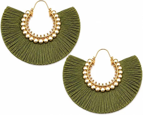 Vista 33 de Aretes de aro con borla, aretes colgantes de hilo de declaración, elegantes aretes largos con flecos, ligeros, largos y con gancho francés, para un