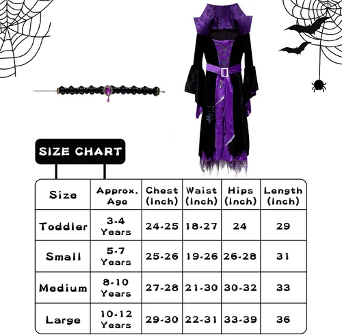 Vista 3 de ThinkMax Disfraz de bruja de cuento de hadas de Halloween para niñas vestido de bruja de Halloween negromorado