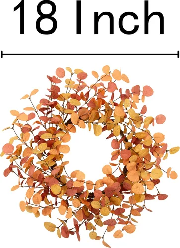 Vista 2 de Corona de otoño de hojas de eucalipto de 18 pulgadas – Corona artificial de otoño para puerta delantera, pared del hogar y decoración de ventana