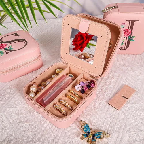 Vista 4 de Joyero de viaje, organizador de joyas pequeño, mini joyero con espejo, regalo perfecto para damas de honor para bodas, el mejor regalo para mujeres