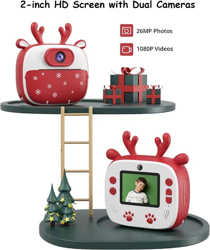 Vista 6 de Dragon Touch InstantFun2 - Cámara infantil con doble lente, papel de impresión, calcomanías, bolígrafos y bolsa para niñas y niños (rojo)