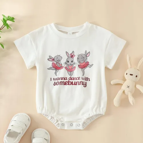 Vista 2 de Adobabirl Mameluco de manga corta con estampado de conejito para bebé niña de Pascua, mameluco de burbujas para mi primera Pascua